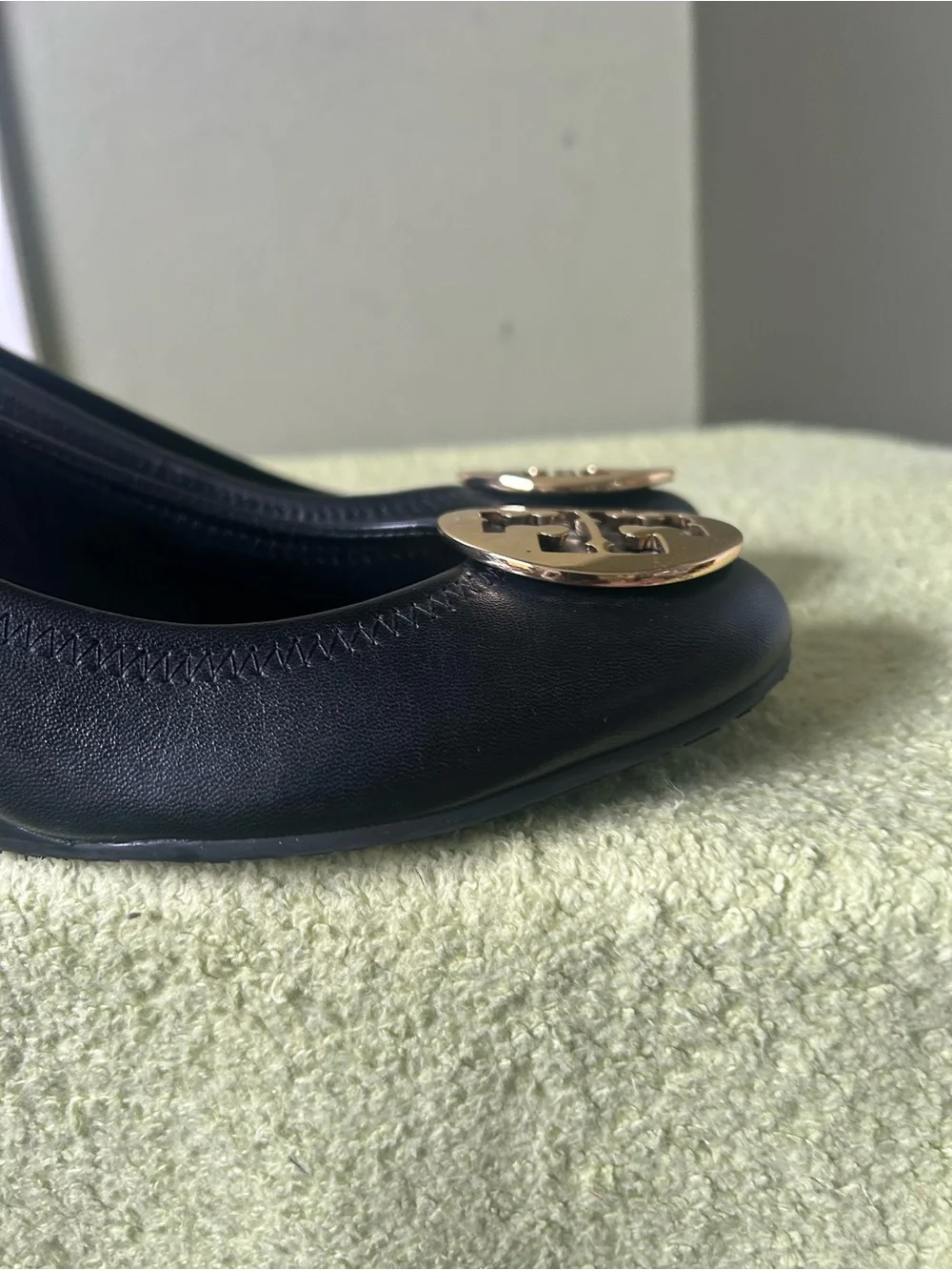 Tory Burch Black Leather Logo Round-Toe Wedge Heels with Gold Emblem